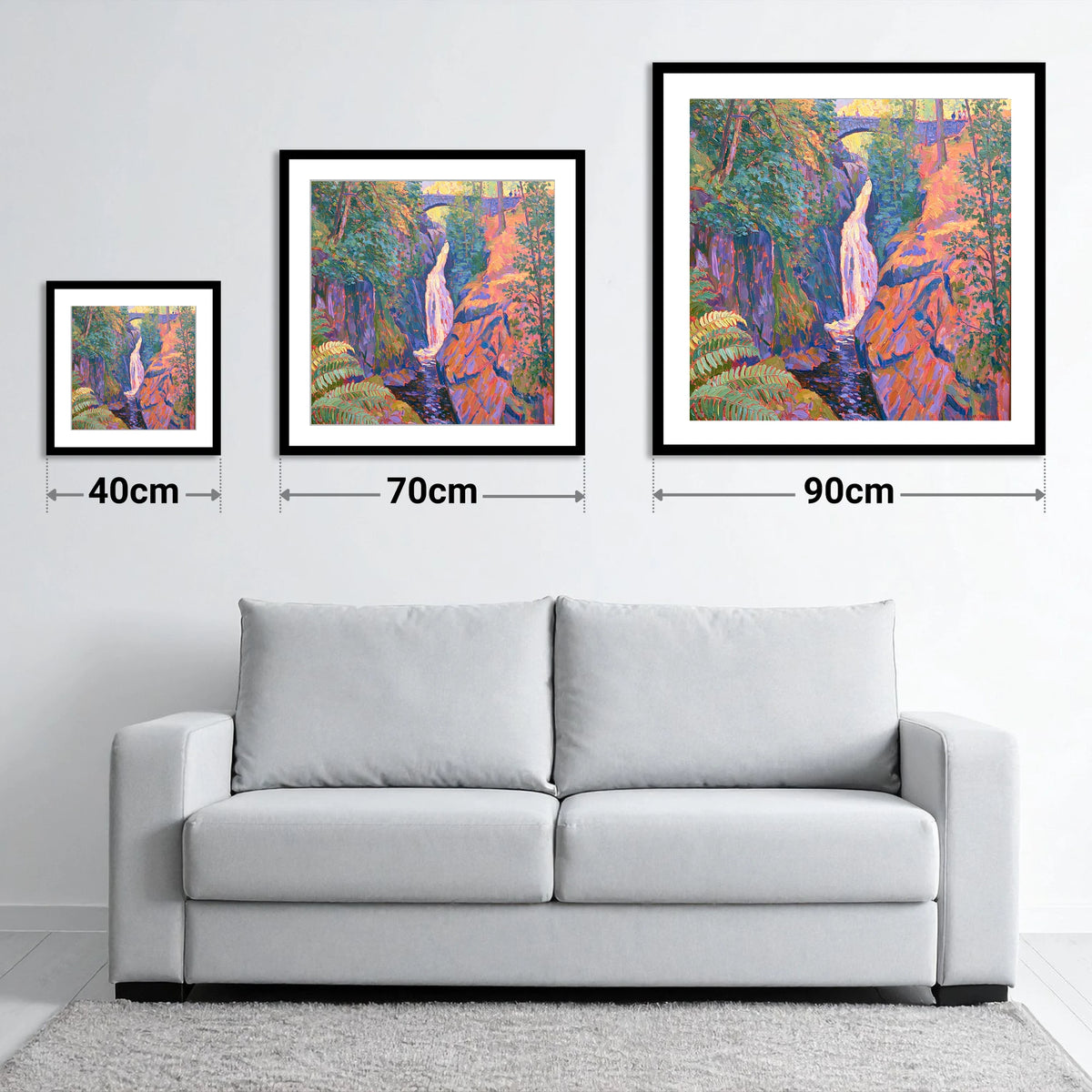 Vibrant Aira Force Waterfall - size guide showing 40cm, 70cm and 90cm art prints
