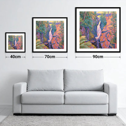 Vibrant Aira Force Waterfall - size guide showing 40cm, 70cm and 90cm art prints