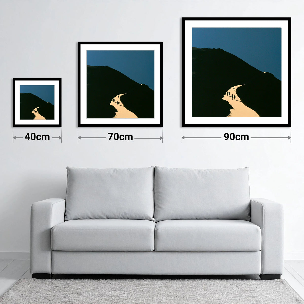 Walkers Ascending Luminous Fell Path - size guide showing 40cm, 70cm and 90cm art prints