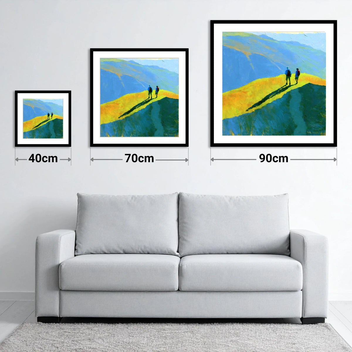 Fell Walkers on a Vibrant Sunlit Ridge - size guide showing 40cm, 70cm and 90cm art prints