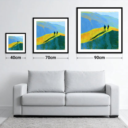 Fell Walkers on a Vibrant Sunlit Ridge - size guide showing 40cm, 70cm and 90cm art prints