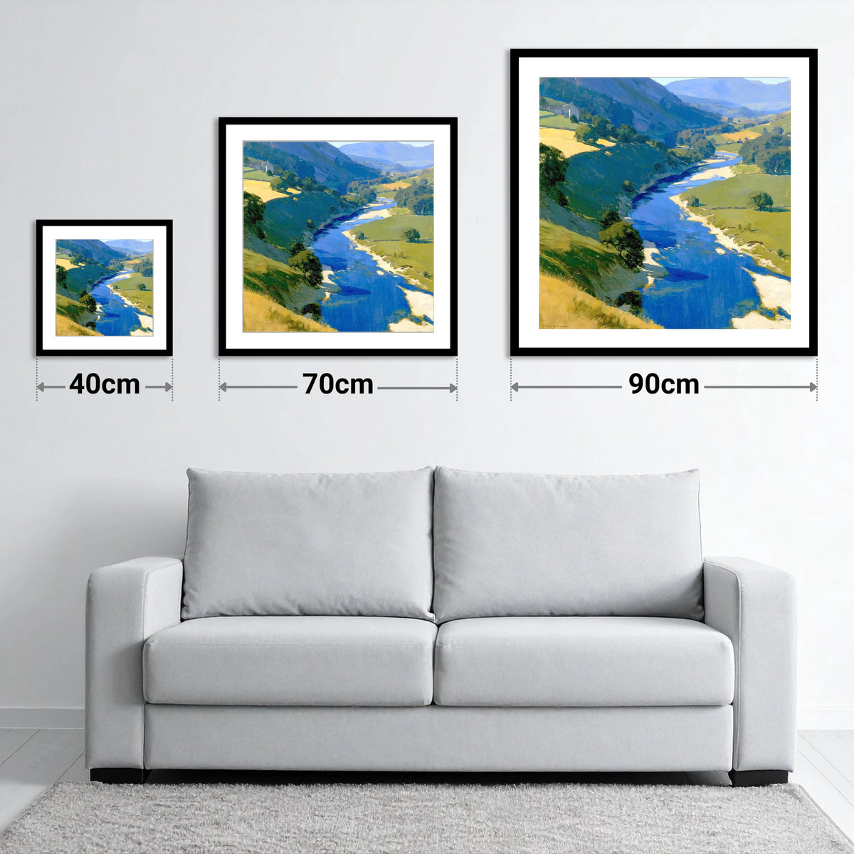 Vivid Winding River Valley - size guide showing 40cm, 70cm and 90cm art prints