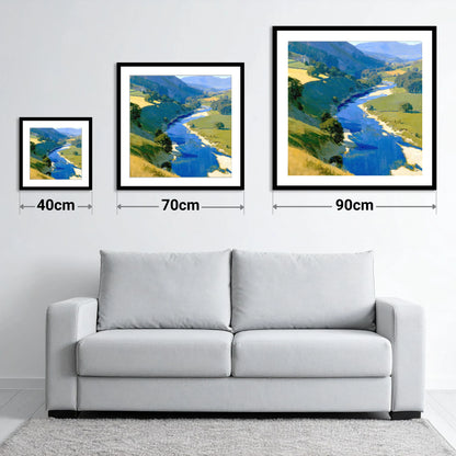 Vivid Winding River Valley - size guide showing 40cm, 70cm and 90cm art prints