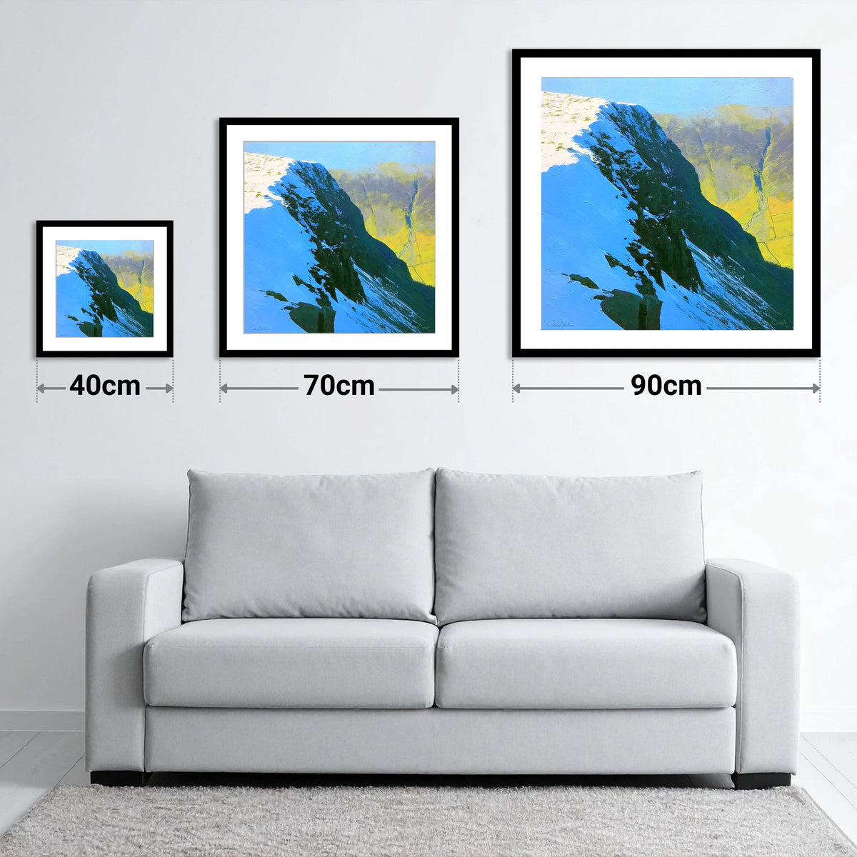 Birkhouse Moor Snowy Ridge - size guide showing 40cm, 70cm and 90cm art prints