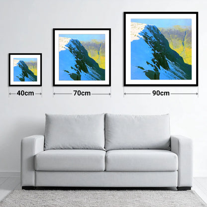 Birkhouse Moor Snowy Ridge - size guide showing 40cm, 70cm and 90cm art prints