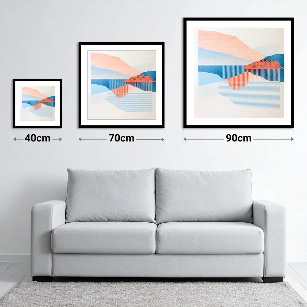 Coral and Blue Lake Reflections - size guide showing 40cm, 70cm and 90cm art prints