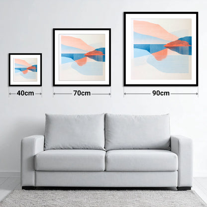 Coral and Blue Lake Reflections - size guide showing 40cm, 70cm and 90cm art prints