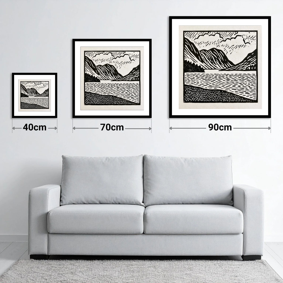 Monochrome Crummock Water Landscape - size guide showing 40cm, 70cm and 90cm art prints