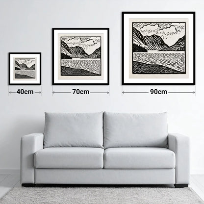 Monochrome Crummock Water Landscape - size guide showing 40cm, 70cm and 90cm art prints