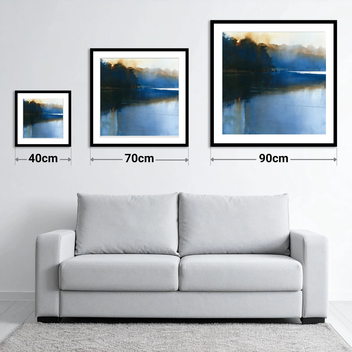 Indigo Lake at Dawn - size guide showing 40cm, 70cm and 90cm art prints