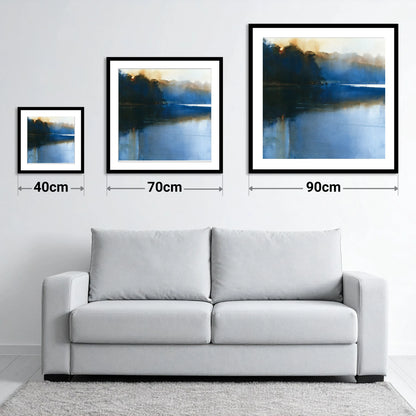 Indigo Lake at Dawn - size guide showing 40cm, 70cm and 90cm art prints