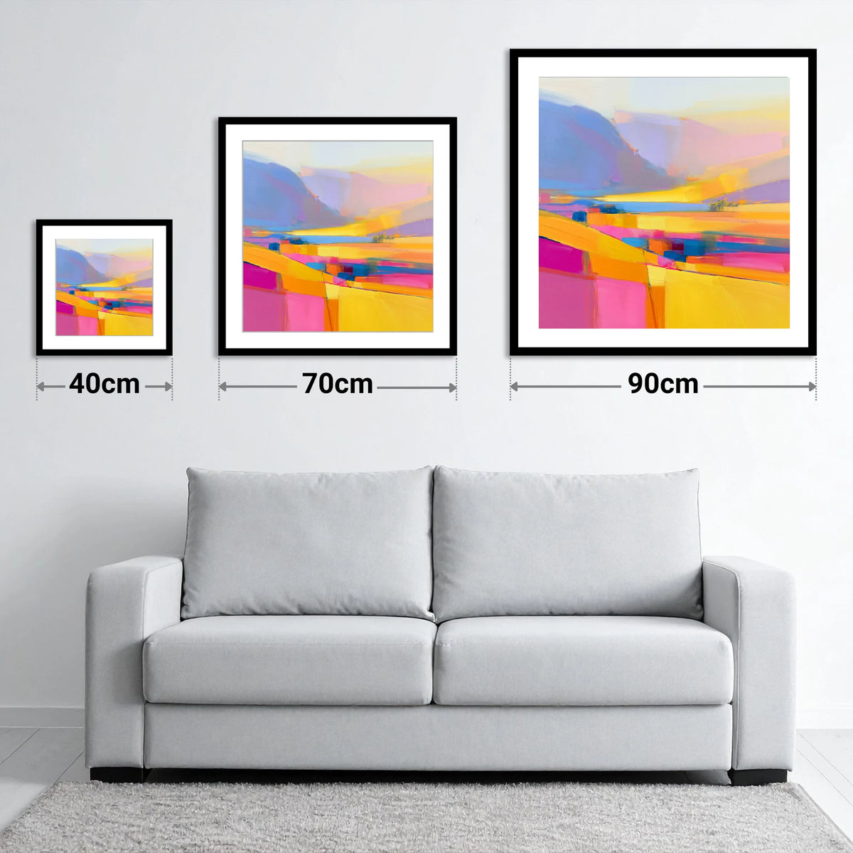 Vivid Lake District Dale Fields - size guide showing 40cm, 70cm and 90cm art prints