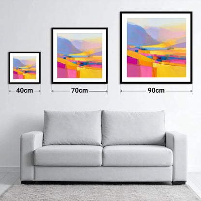 Vivid Lake District Dale Fields - size guide showing 40cm, 70cm and 90cm art prints