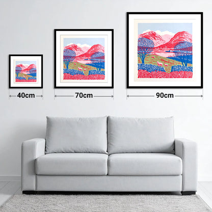 Bold Red Fells of Eskdale - size guide showing 40cm, 70cm and 90cm art prints