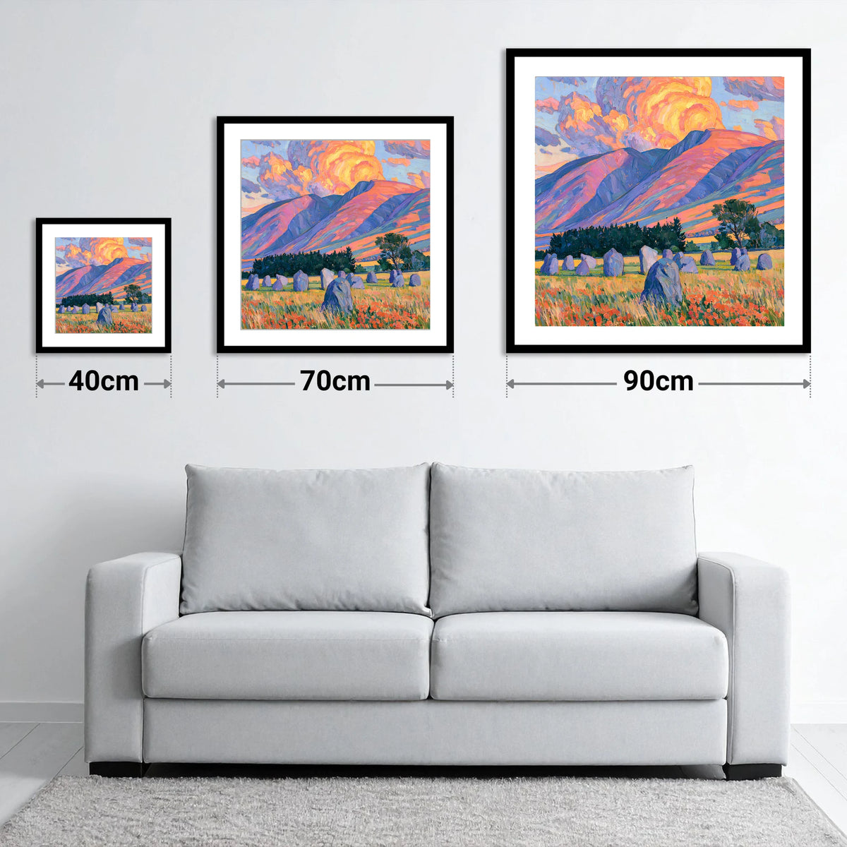 Standing Stones Below Fiery Blencathra - size guide showing 40cm, 70cm and 90cm art prints