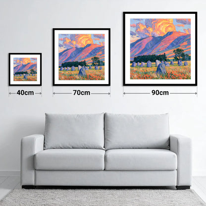 Standing Stones Below Fiery Blencathra - size guide showing 40cm, 70cm and 90cm art prints