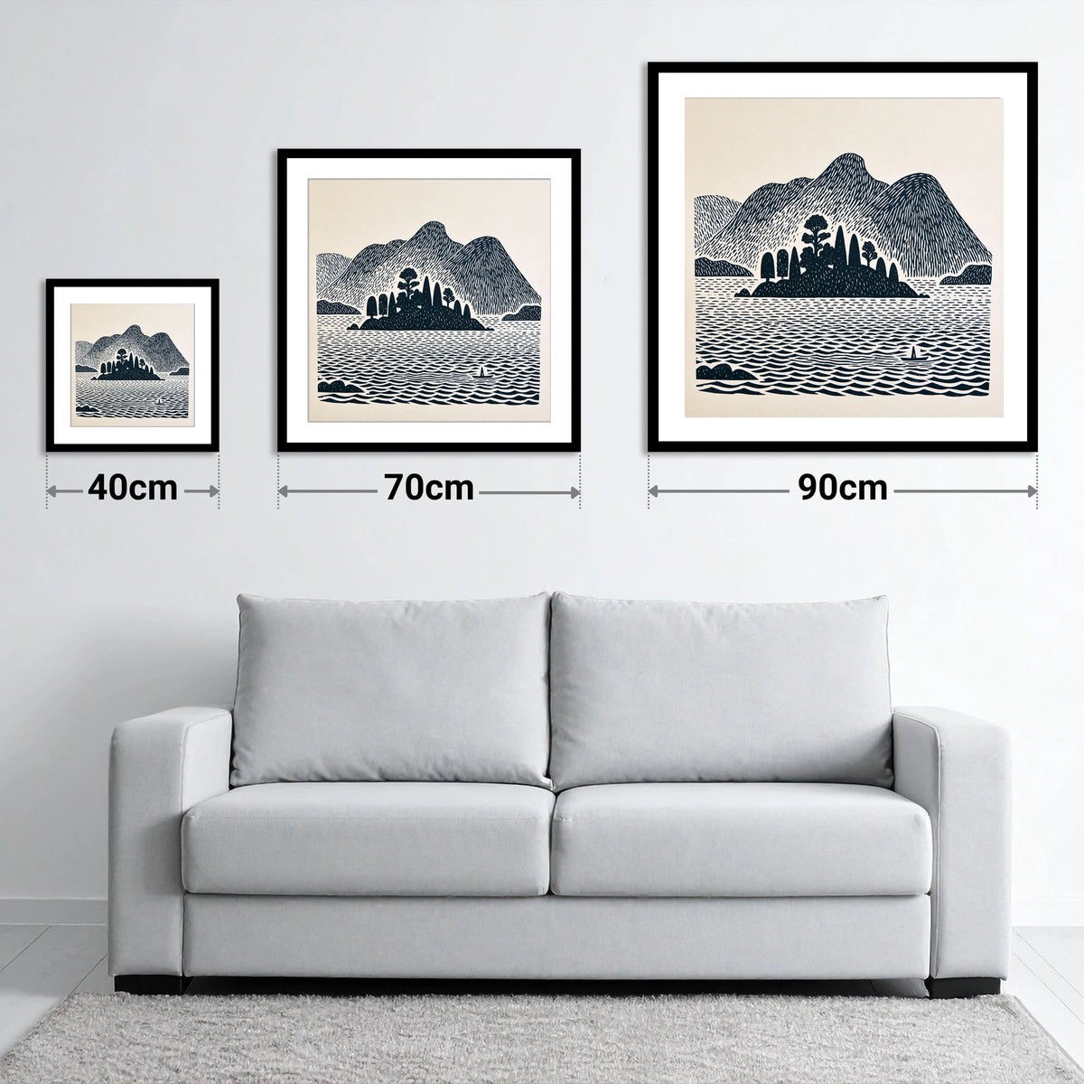 Derwentwater Island in Deep Navy - size guide showing 40cm, 70cm and 90cm art prints
