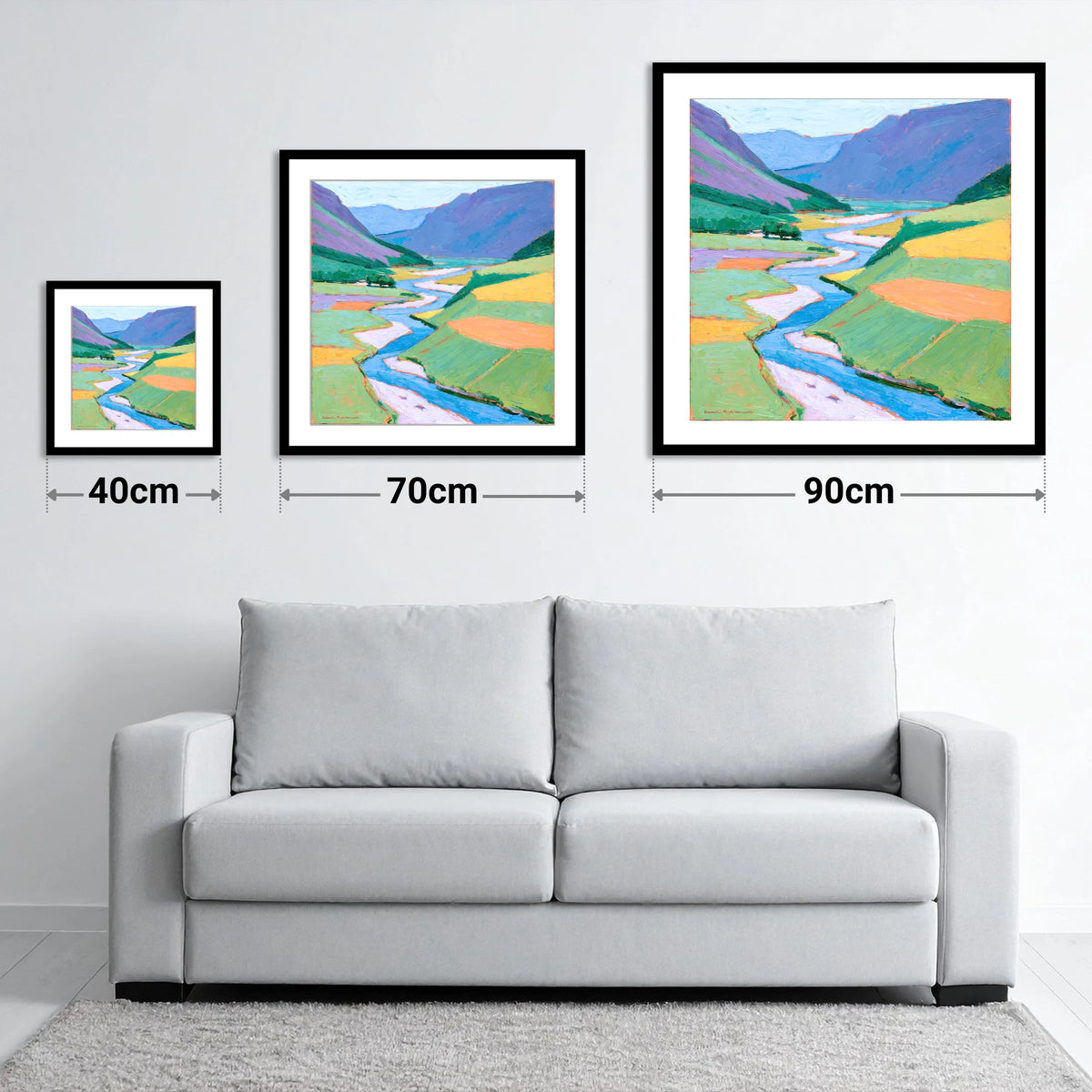Vibrant Winding River Valley - size guide showing 40cm, 70cm and 90cm art prints