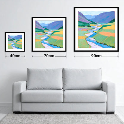 Vibrant Winding River Valley - size guide showing 40cm, 70cm and 90cm art prints