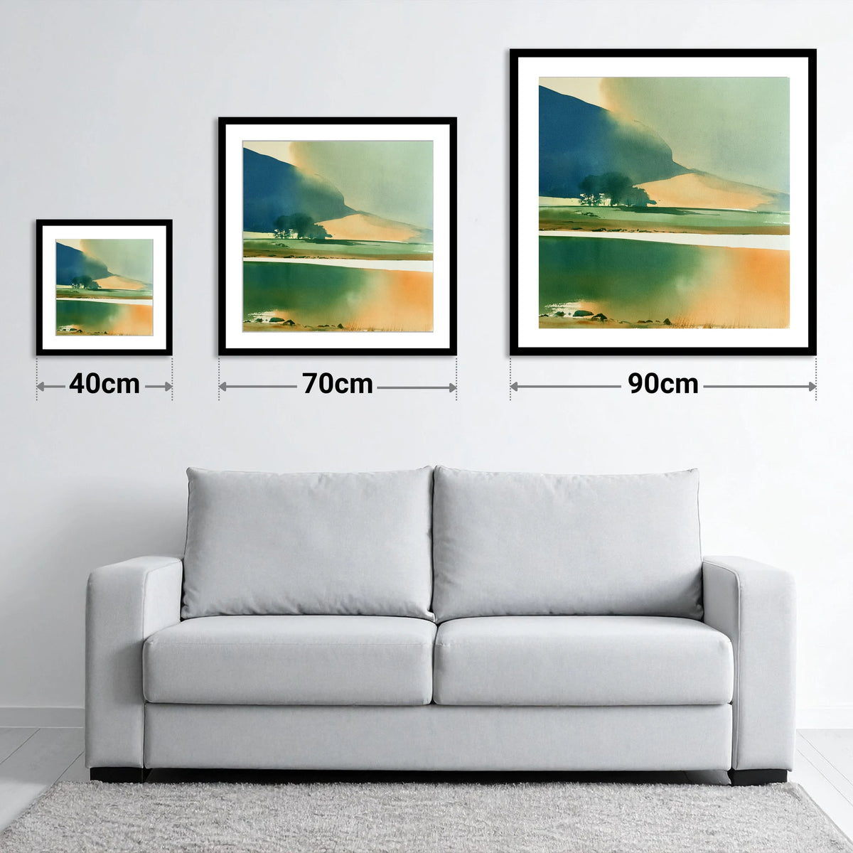 Ink Blue Fells and Lake - size guide showing 40cm, 70cm and 90cm art prints