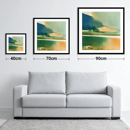 Ink Blue Fells and Lake - size guide showing 40cm, 70cm and 90cm art prints