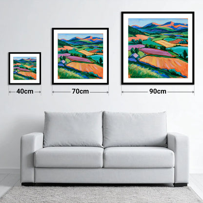 Vibrant Patchwork Fields in a Dale - size guide showing 40cm, 70cm and 90cm art prints