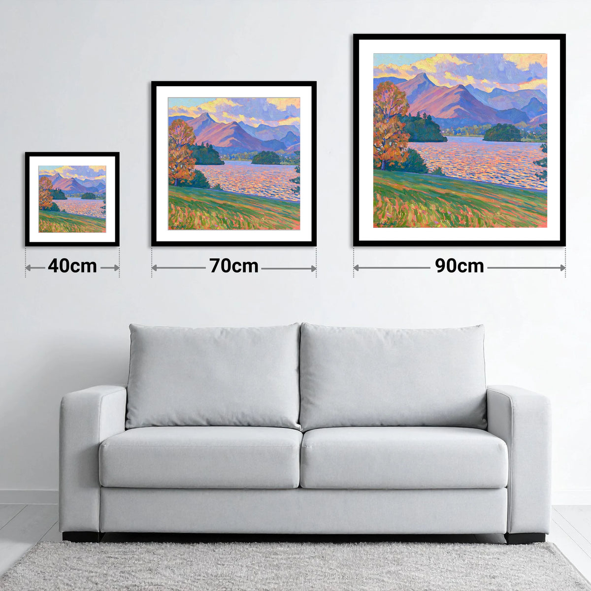 Radiant Derwentwater from Crow Park - size guide showing 40cm, 70cm and 90cm art prints