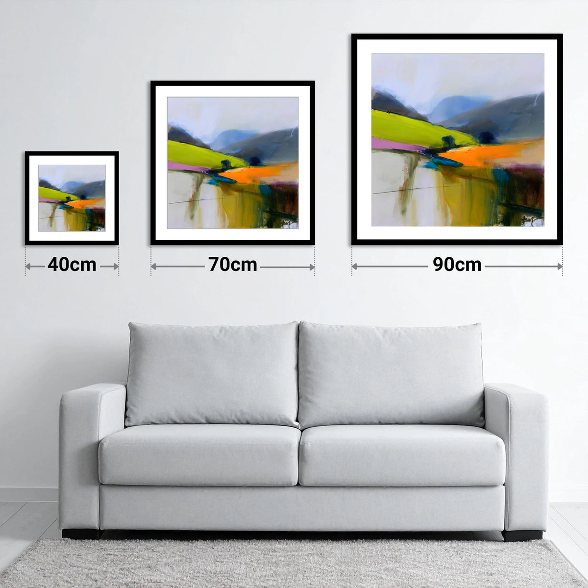 Tangerine Light on the Fells - size guide showing 40cm, 70cm and 90cm art prints