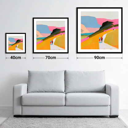 Walkers Ascending Colourful Fells - size guide showing 40cm, 70cm and 90cm art prints