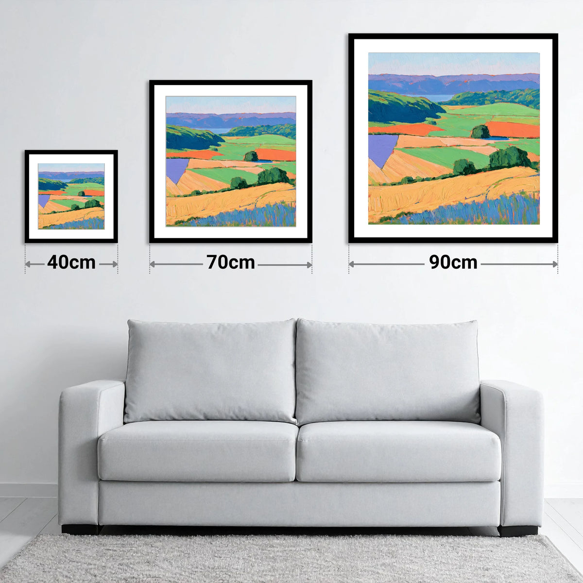 Luminous Patchwork Dale Fields - size guide showing 40cm, 70cm and 90cm art prints