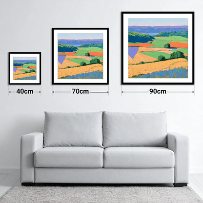 Luminous Patchwork Dale Fields - size guide showing 40cm, 70cm and 90cm art prints