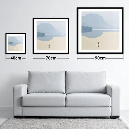 Paddleboarding Under Misty Blue Fells - size guide showing 40cm, 70cm and 90cm art prints