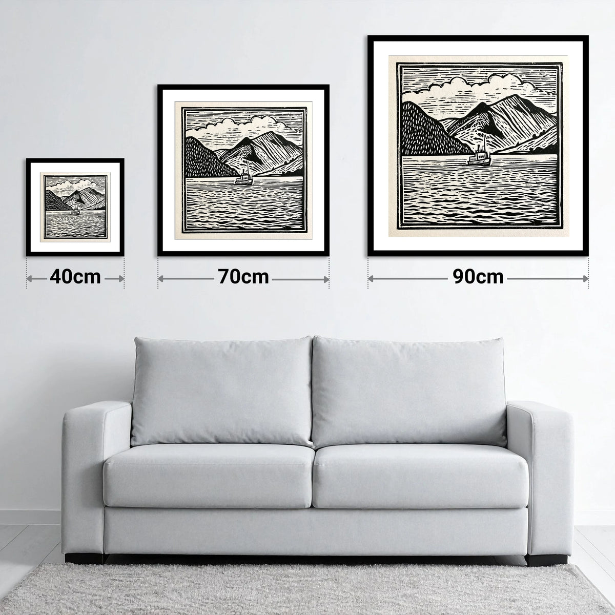 Bold Monochrome Ullswater Steamer - size guide showing 40cm, 70cm and 90cm art prints
