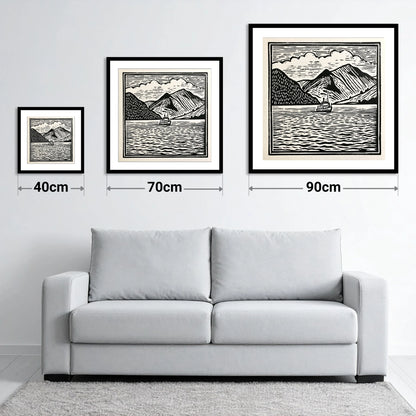 Bold Monochrome Ullswater Steamer - size guide showing 40cm, 70cm and 90cm art prints