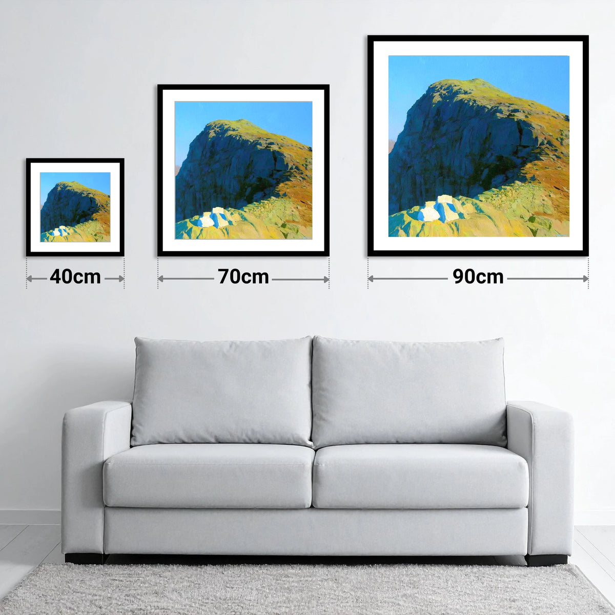Sunlit Crags of Harrison Stickle - size guide showing 40cm, 70cm and 90cm art prints