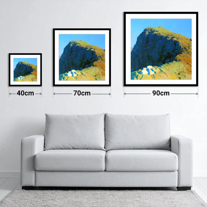 Sunlit Crags of Harrison Stickle - size guide showing 40cm, 70cm and 90cm art prints