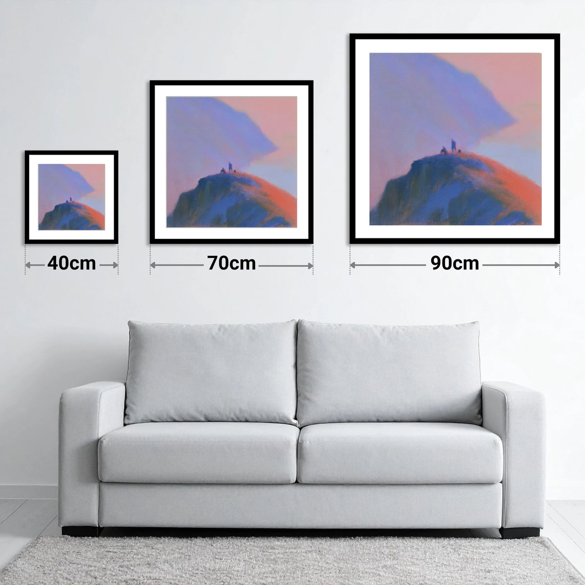 Twilight Climbers on Lakeland Crag - size guide showing 40cm, 70cm and 90cm art prints