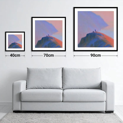 Twilight Climbers on Lakeland Crag - size guide showing 40cm, 70cm and 90cm art prints