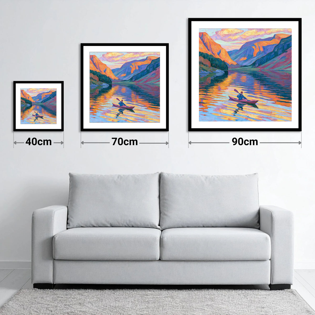 Vibrant Sunset Kayak on the Lake - size guide showing 40cm, 70cm and 90cm art prints