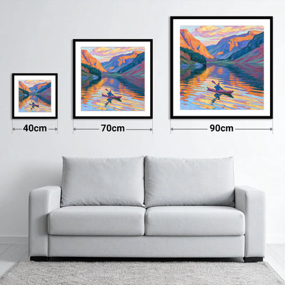 Vibrant Sunset Kayak on the Lake - size guide showing 40cm, 70cm and 90cm art prints