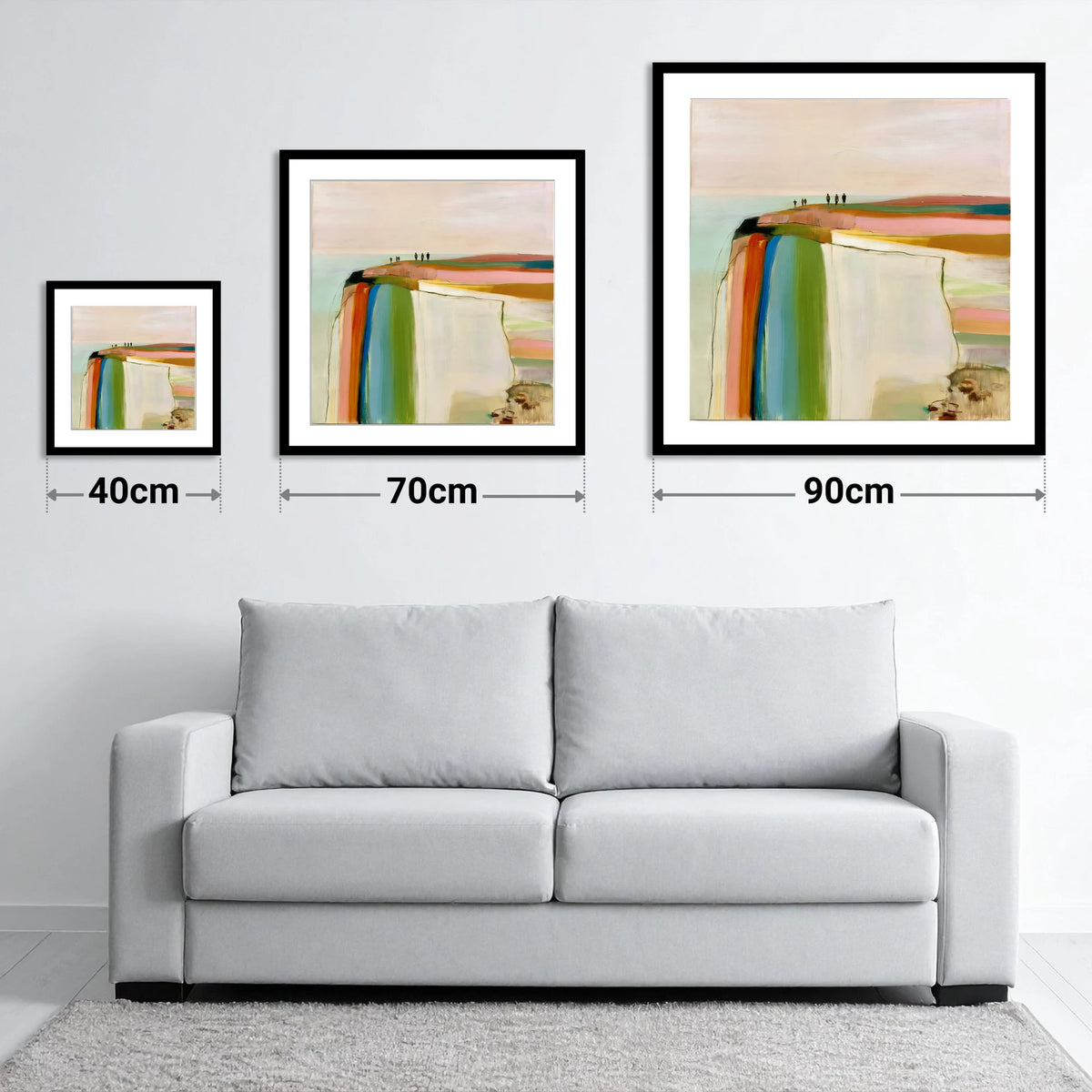 Vibrant Fell Top Walkers - size guide showing 40cm, 70cm and 90cm art prints