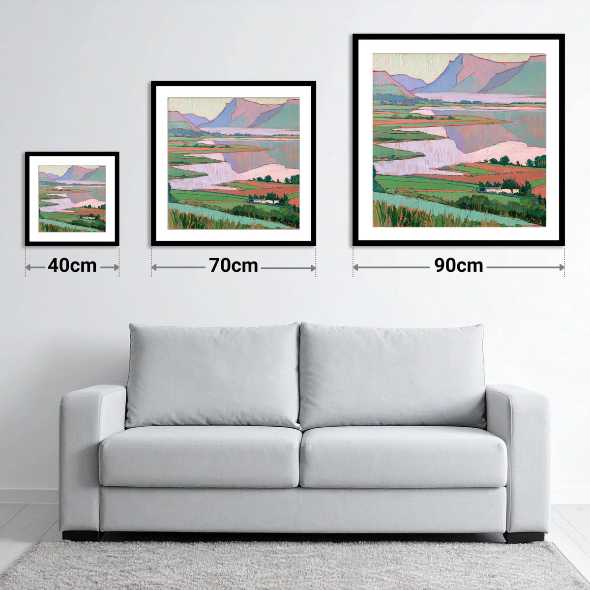 Morning Mist Over Pastel Valley - size guide showing 40cm, 70cm and 90cm art prints