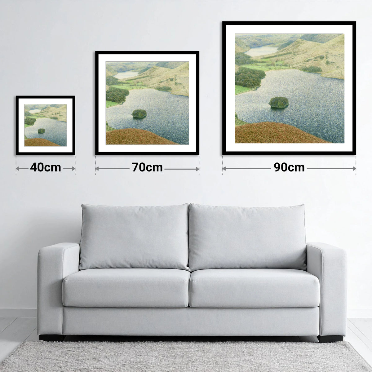 Autumn Bracken Above Grasmere - size guide showing 40cm, 70cm and 90cm art prints
