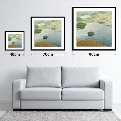 Autumn Bracken Above Grasmere - size guide showing 40cm, 70cm and 90cm art prints