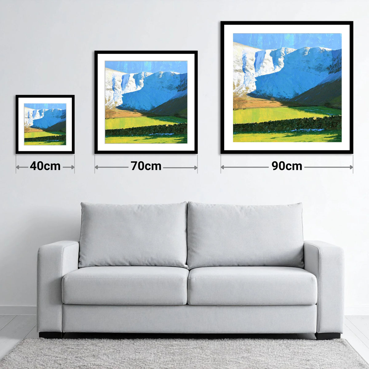 Bannerdale Crags Winter Sunlight - size guide showing 40cm, 70cm and 90cm art prints