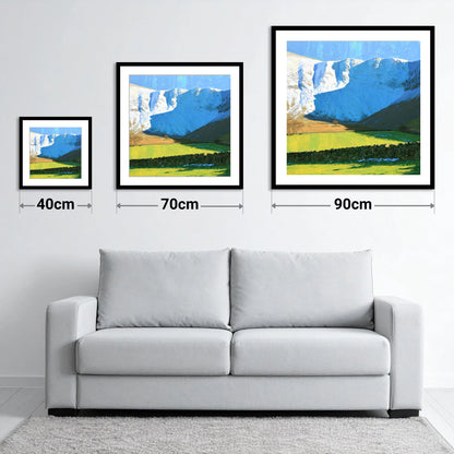 Bannerdale Crags Winter Sunlight - size guide showing 40cm, 70cm and 90cm art prints