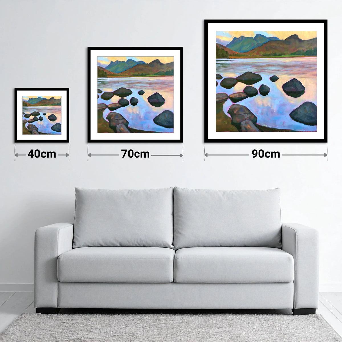 Elterwater Rocks at Sunset - size guide showing 40cm, 70cm and 90cm art prints