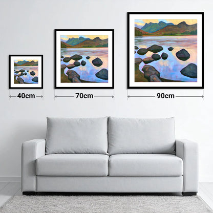 Elterwater Rocks at Sunset - size guide showing 40cm, 70cm and 90cm art prints