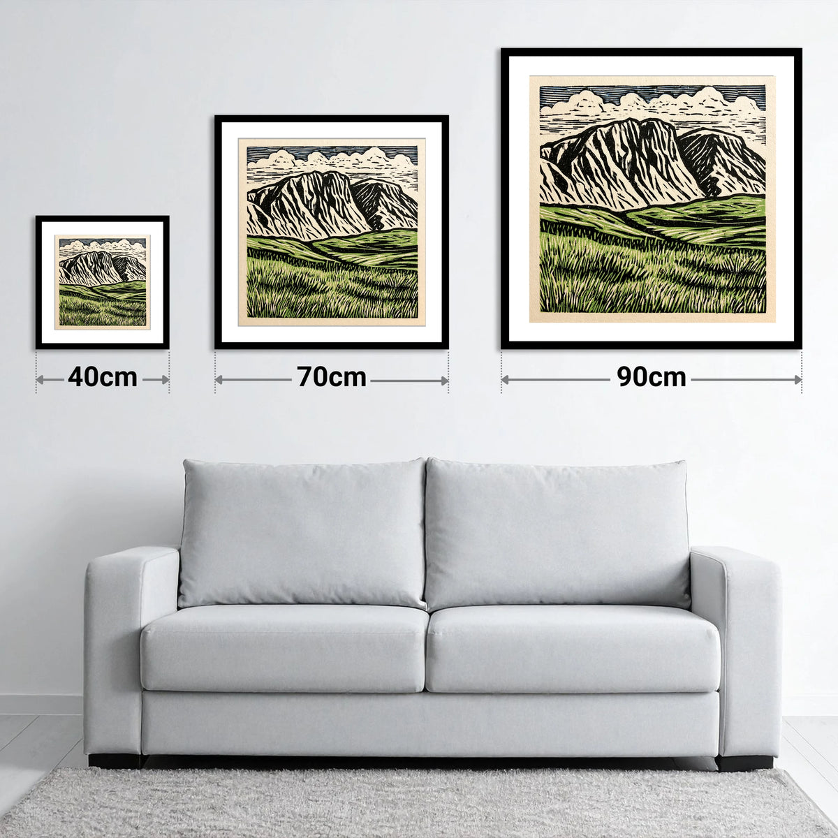 Bold Scafell Pike Landscape - size guide showing 40cm, 70cm and 90cm art prints