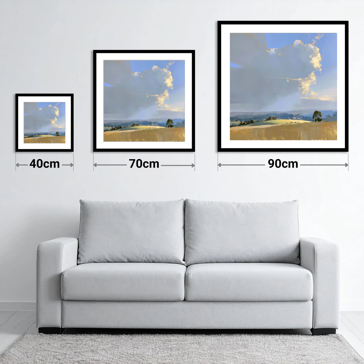 Sunlit Rolling Fells Under Cloud - size guide showing 40cm, 70cm and 90cm art prints